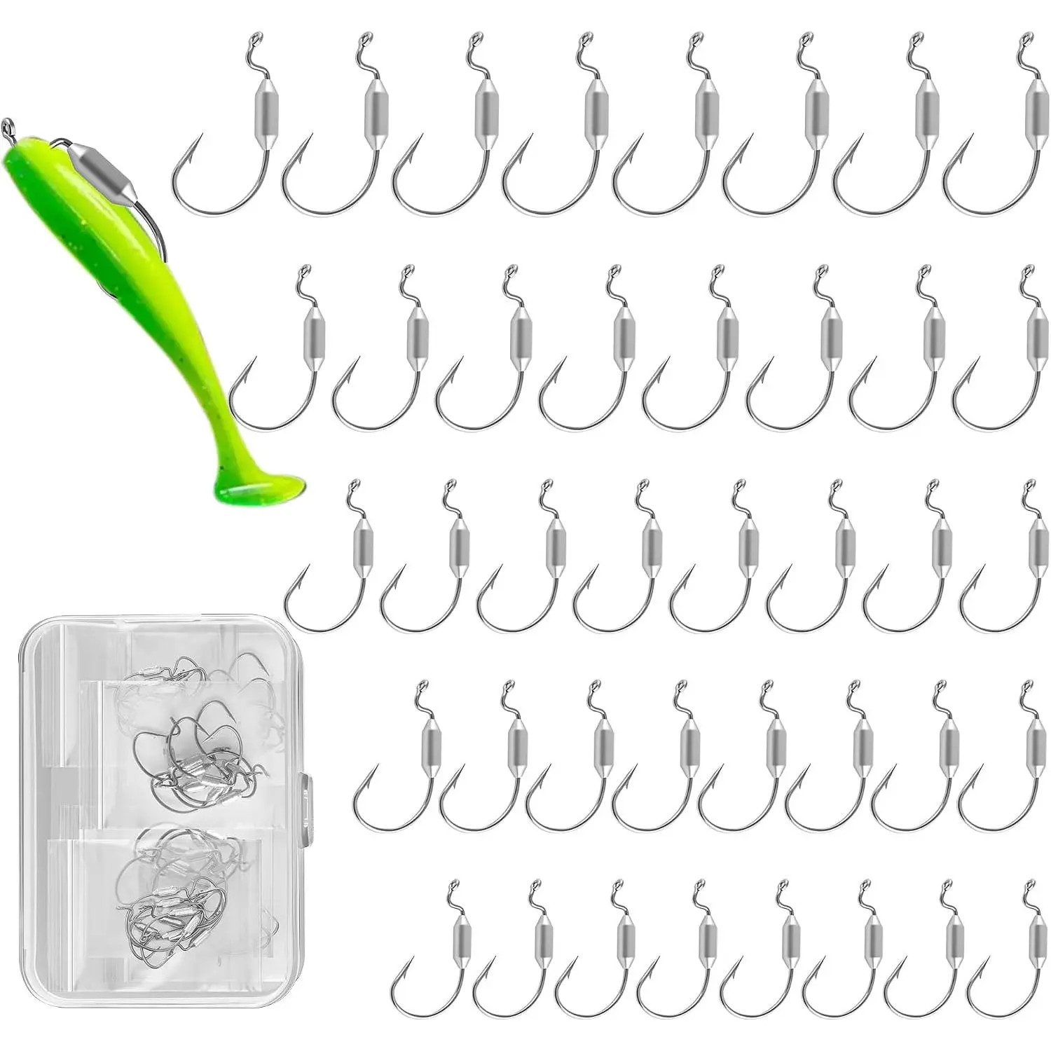 40 count Weighted Swimbait Hooks Set with Box, EWG Fishing Soft Lures Hook | Weedless Weighted Saltwater Freshwater Worm Fishing Hooks for Bass Walleye Catfish, 1#, 1/0, 2/0, 3/0, 4/0, 8 count Each Size