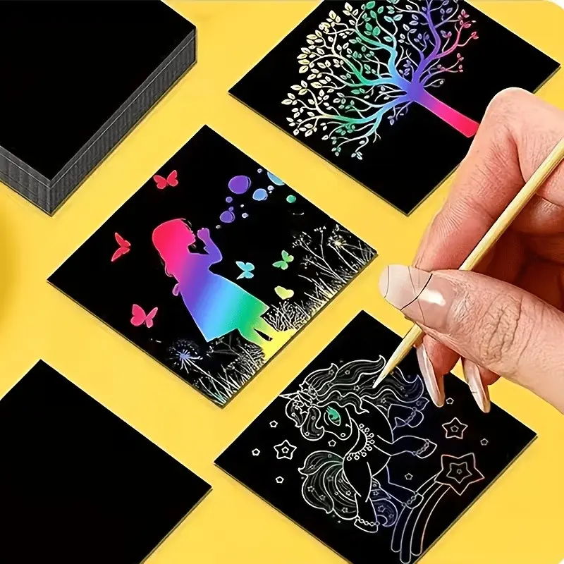 50pcs Magic DIY Scratch Art Paper with 5 Bamboo Sticks - Rainbow Art Scratch Set, Suitable as a Birthday and Holiday Gift for Boys and Girls