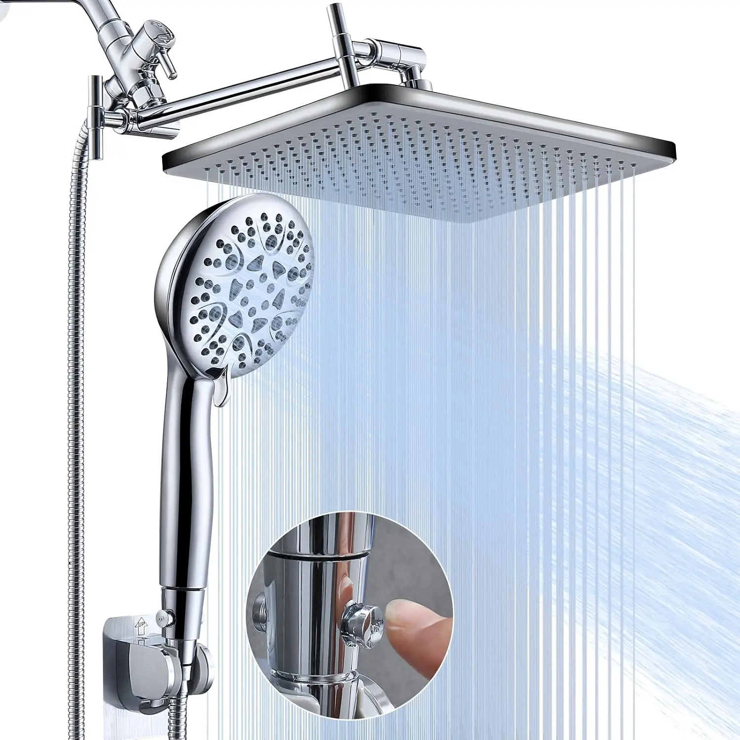 Rain Shower  Combo-14''Rainfall ShowerHead,8 Modes Handheld with /OFF Pause , Double High  Shower heads with Hose,Adjustable and detachable for Couple and