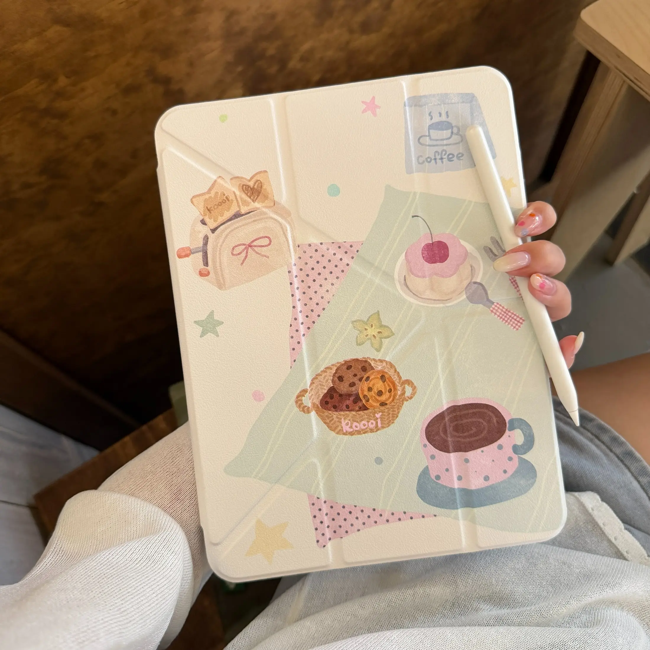 Cute Girl Sweet Shop Coffee Cup iPad Case with Acrylic Back Cover, 3+y Fold Tablet Protector with Pen Slot, Compatible with iPad 10th Gen, Air 11/13 Inch, Mini 7, Pro 12.9 Inch