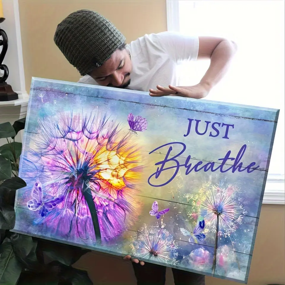1pc 2D Flat Framed Canvas Wall Art "Just Breathe" - Purple Dandelion & Butterflies Nature Art, Ready-to-Hang Enclosed Frame, High-Quality Canvas, Calming Home Inspo Decor, Box Packaging, Wardrobe Accent for Bedroom, Balcony, Juneteenth