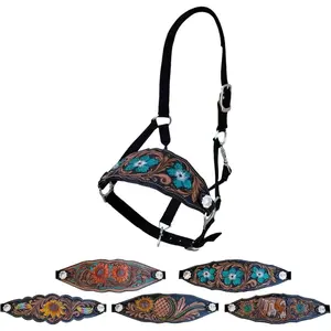 Equestrian Designer Bronc Halter for Horses, Hand-Tooled Leather Nose, Padded Nylon Crown and Noseband