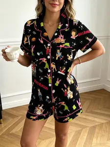 Women's Retro Cartoon Pajama Set, Short Sleeve Open Front Shorts Two-Piece Lounge Wear, Trim Vintage Classic Animation Party Home Sleepwear