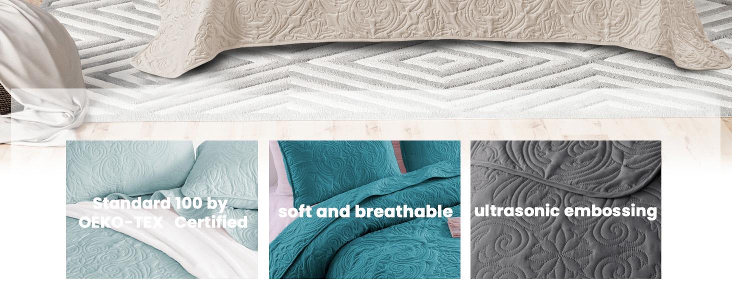 Queen Size Bedding Set with 2 Pillow Shams, Lightweight Taupe Full Queen Bedspread with Vintage Damask Pattern, Soft Bedspreads Coverlets for All