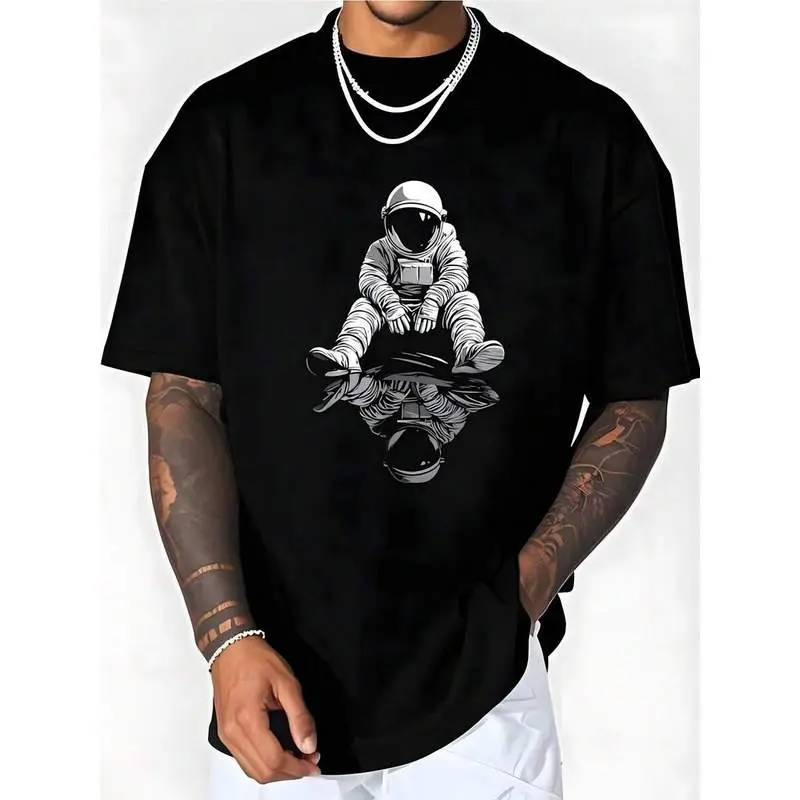 Men's Reflective Astronaut Graphic T-Shirt, Short Sleeve Casual Streetwear Tee, Breathable Cotton Spaceman Print, Space Lover Gift Idea