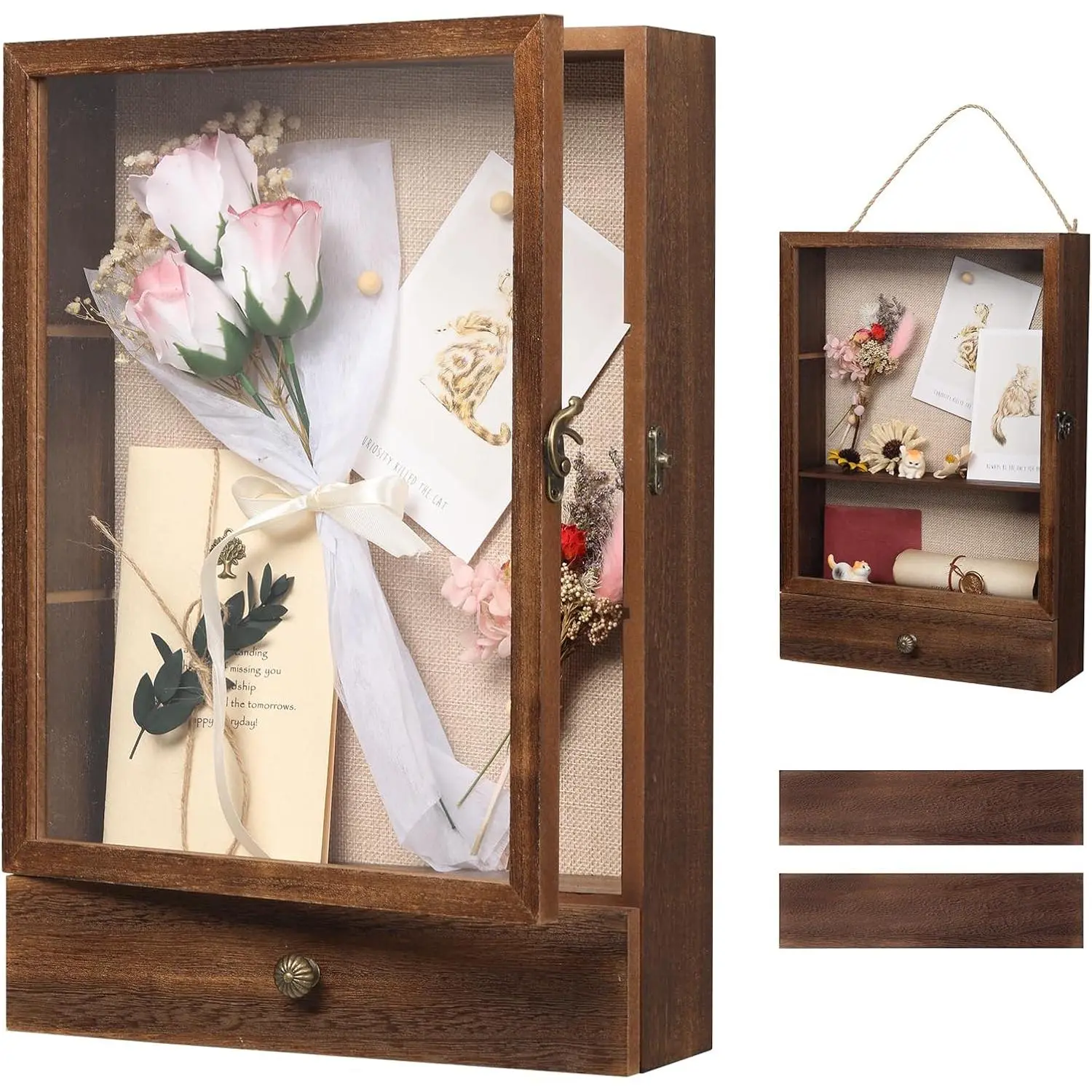 Shadow Box Frame 3" Deep, 11x16 Shadow Boxes Display Cases with Removable Shelves and Drawers, Wooden Memory Frames for Pictures, ,  Memorial, Wedding Bouquet, Brown