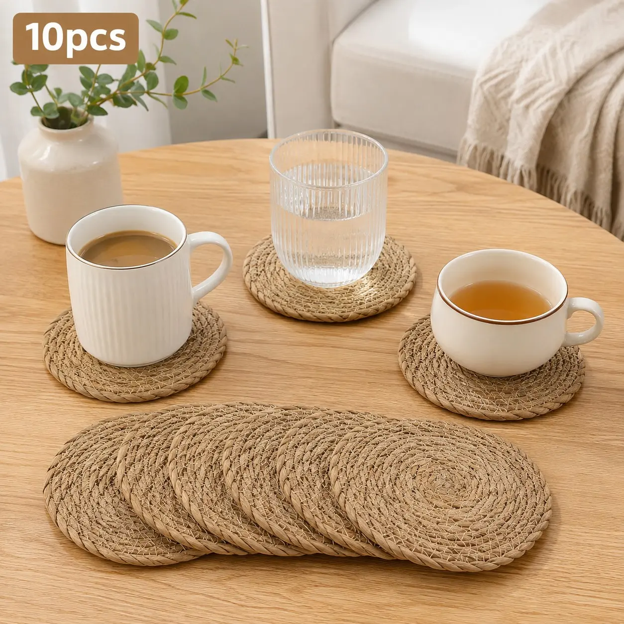 10pcs Round Rattan Placemats, Household Placemat, Non-Slip Washable Vintage Checkered Table Mats, Striped Design, Durable & Easy-Clean for Home Dining, Wedding Decor, Table Pad Mat, Wicker Placemats