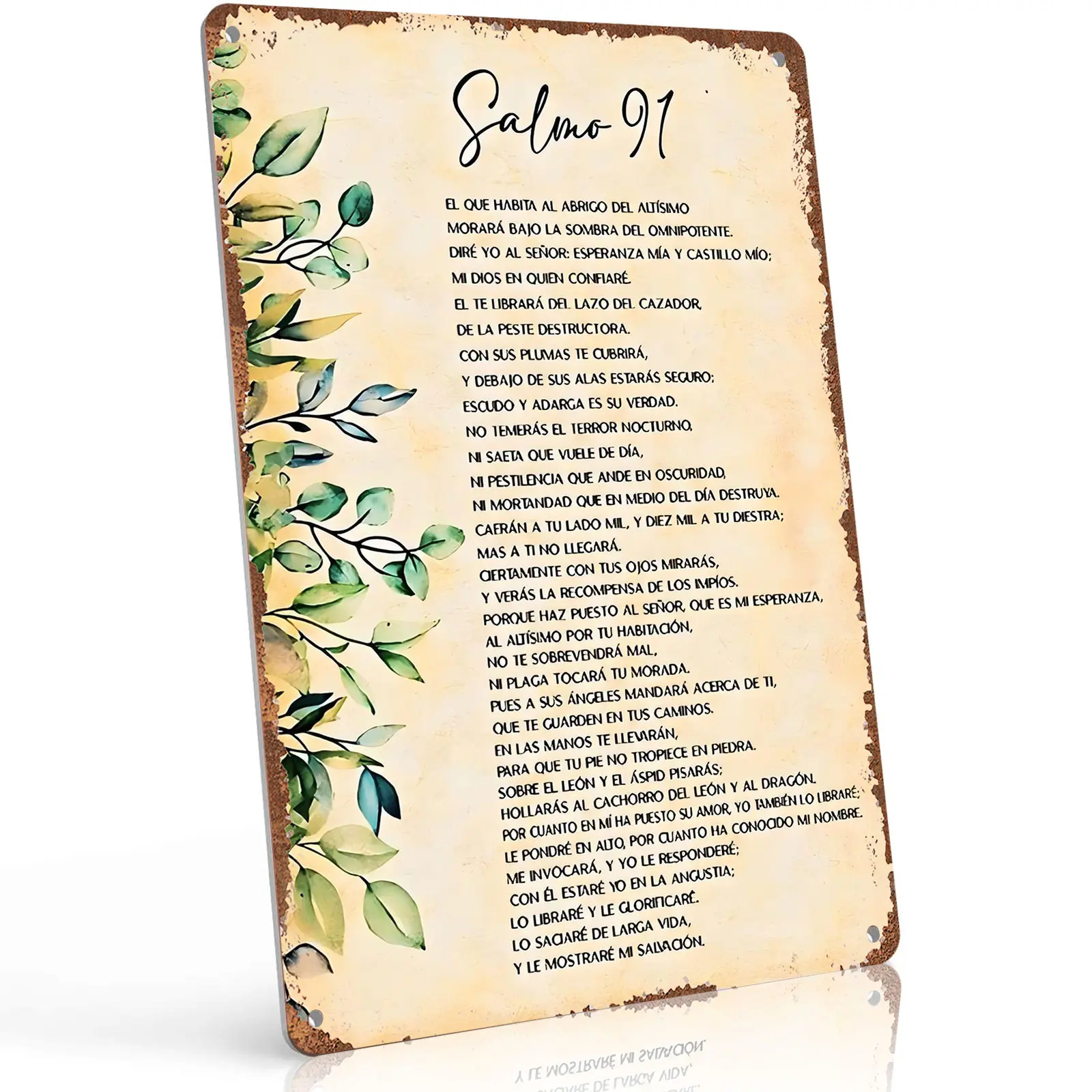8x12 in Rectangle Vintage Aluminium Religious Salmo 91 Spanish Bible Verse Metal Sign - Green Leaf Faith Quote, Corrosive Resistant, Hangable Wall Plaque, Wall Mount Home Decor Products, Decoration Gift for Devotees