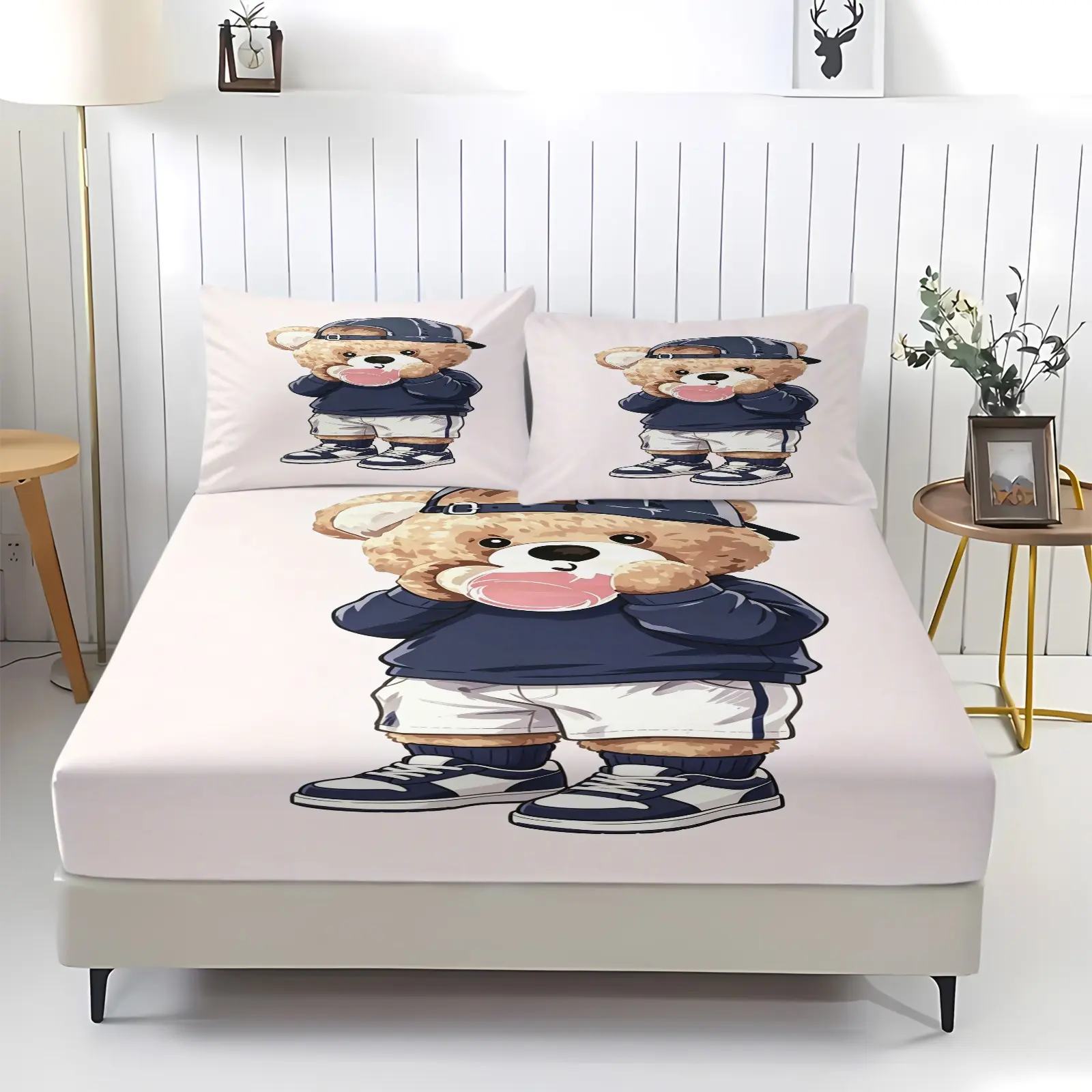 Cute teddy bear printed pattern bed sheet, including 1 bed sheet and 2 pillowcases, anti slip dust cover suitable for bedrooms and guest rooms, suitable for personal use or gift giving