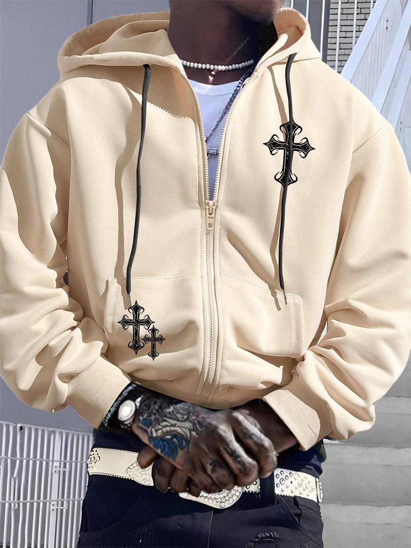 Men's Cross Print Drop Shoulder Zip Up Hoodie, Gothic Rock Hoodie, Fashion Casual Regular Fit Drawstring Pocket Hooded Sweatshirt for Daily Holiday Outdoor Wear, Men Clothes for Fall & Winter