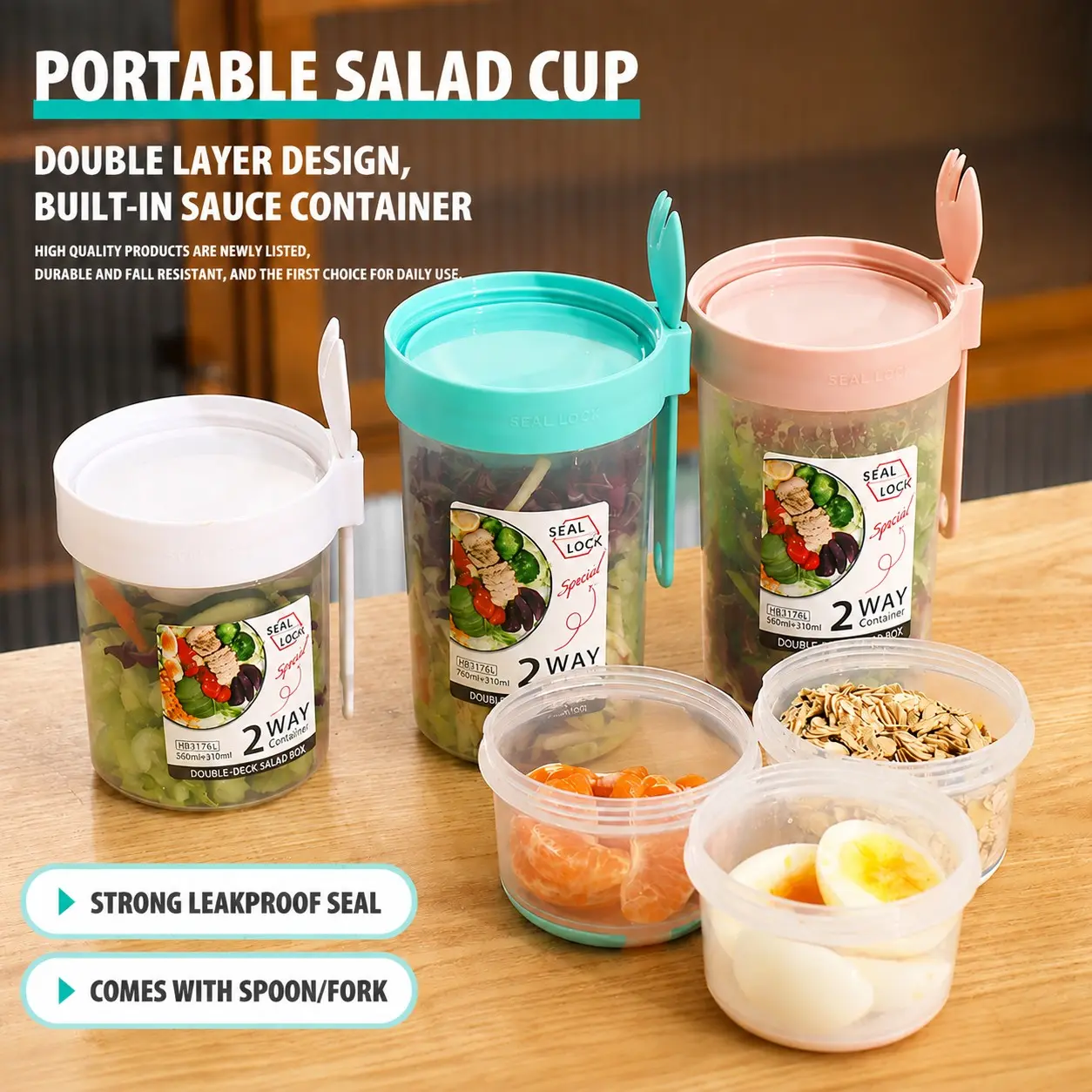 Portable Double Layer Salad Bowl with Spoon, Leakproof Food Storage Container, Reusable Lunch Box for Salad, Fruits, Snacks, Office, School, Travel & Outdoor