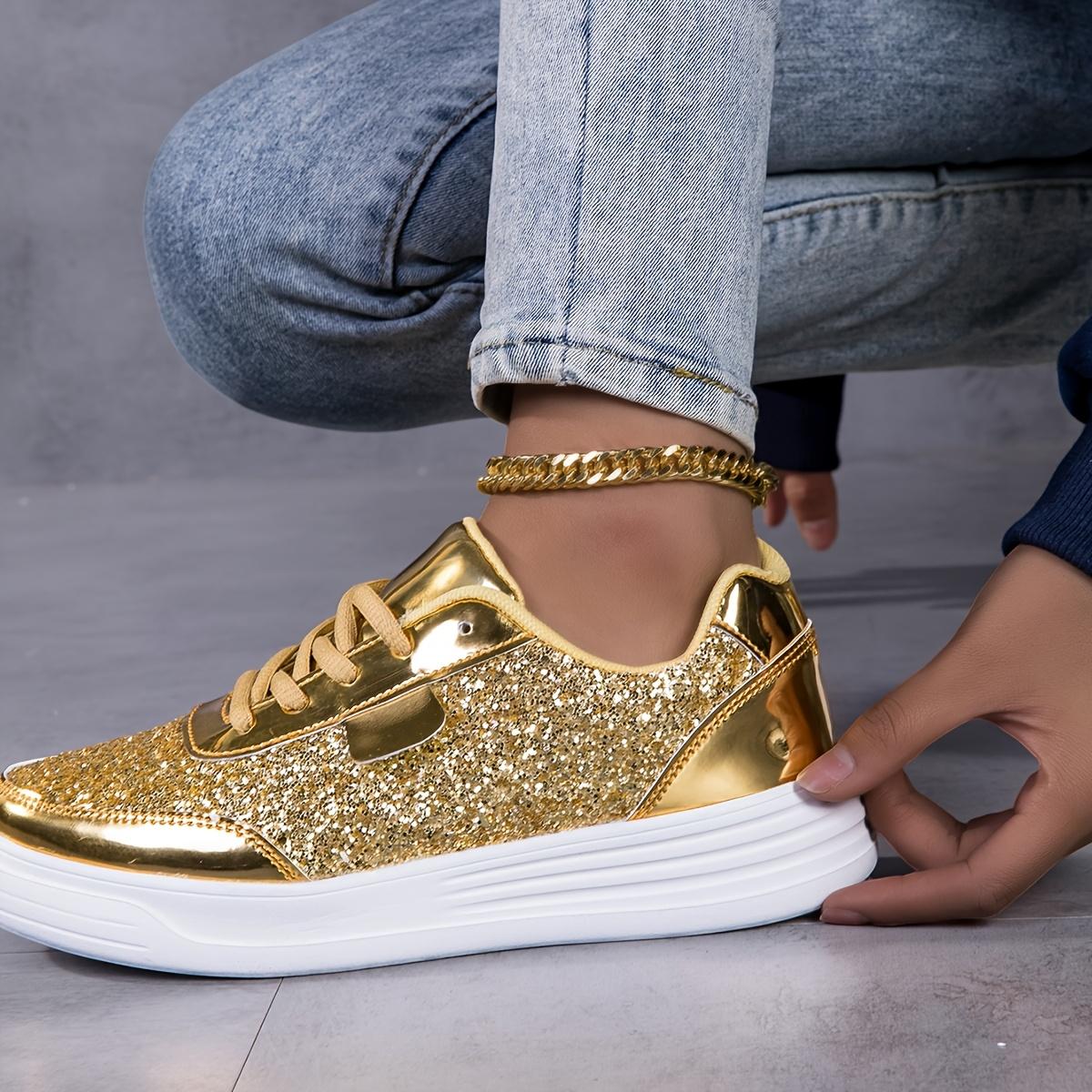 Women's fashion glossy sneakers with sparkling sequins, running shoes, street skate shoes, non-slip spring summer mesh breathable lace-up casual shoes, thick sole height incr dance shoes, lightweight soft sole low-top walking shoes