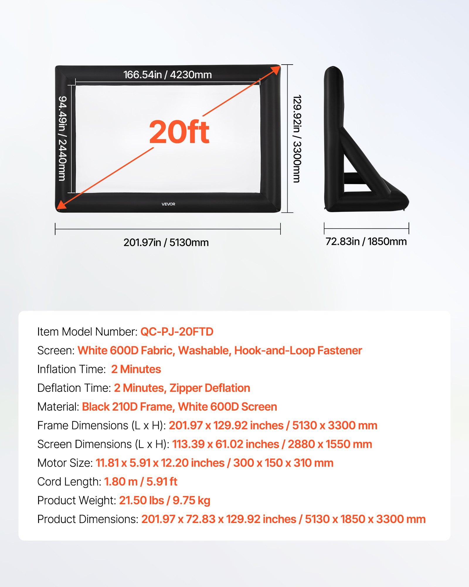 VEVOR 20FT Inflatable Projector Screen, Inflatable Movie Screen Outdoor with 250W Air Blower Projector Screen Oxford Fabric Material Blow Up Screen for Outdoor Backyard, Home Theater, Theme Party