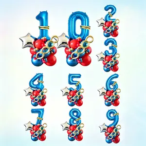 64 Blue Gold Number Balloon Set, Includes 32 Inch Blue Aluminum Balloons, 18 Inch Silver Star Balloons, Party Decorations
