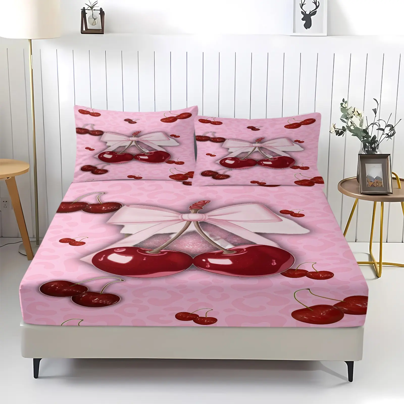 Cherry bow printed pattern bed sheet, including 1 bed sheet and 2 pillowcases, comfortable bedding, non slip dust cover suitable for bedrooms and guest rooms, suitable for children or adult gifts, Sheet Sets