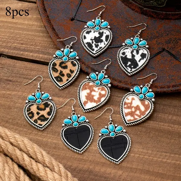 8Pcs western denim style fashionable and versatile love PU leopard print cow pattern brown and white pattern black color matching, water drop turquoise pendant earrings, suitable for daily vacation Valentine's Day wear