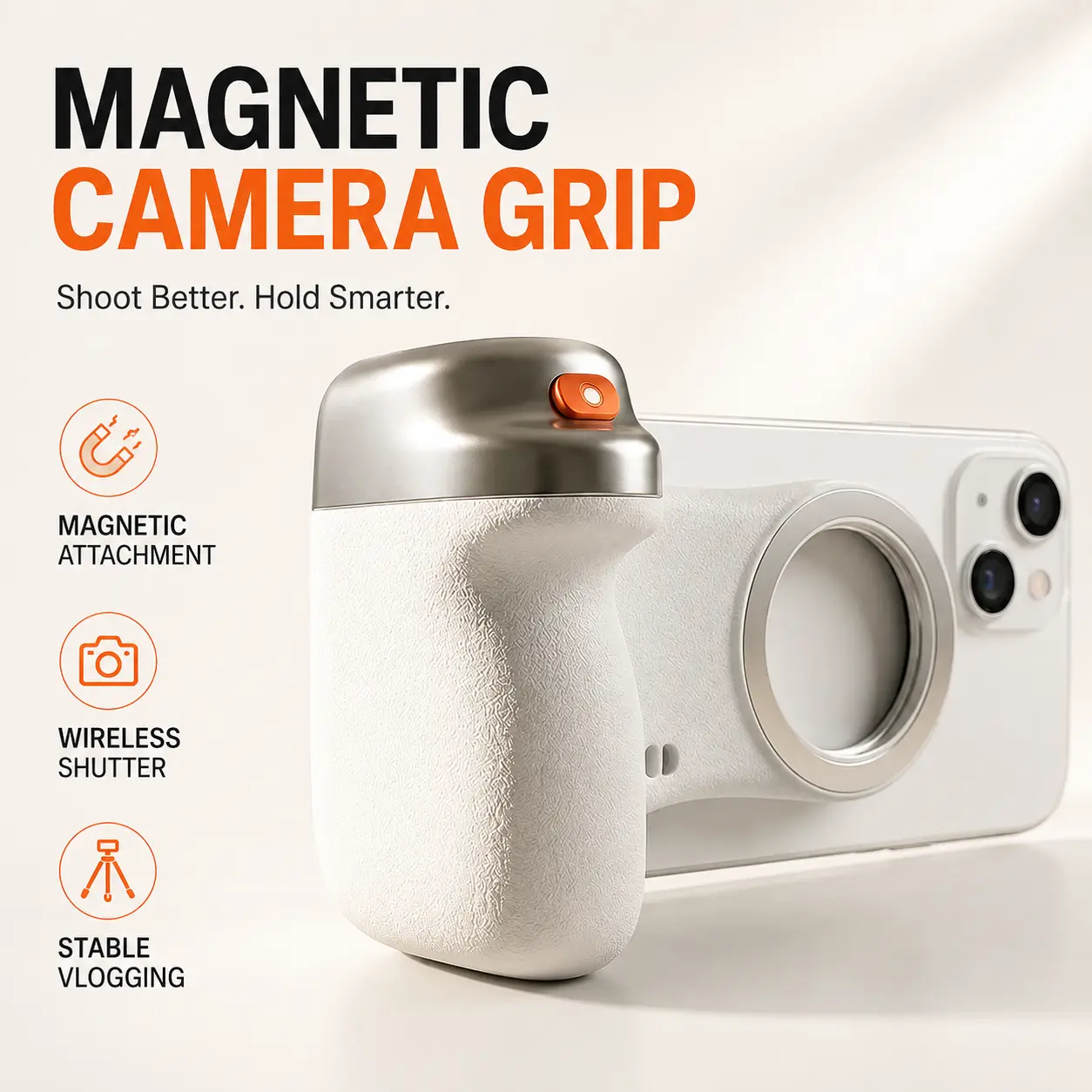 Magnetic Smartphone Camera Grip with Wireless Shutter Remote, Ergonomic DSLR-Style Phone Handle with 1/4" Tripod Mount, Stable Vlogging and Video Recording Accessory for iPhone, Android, Travel, Selfies and Content Creation