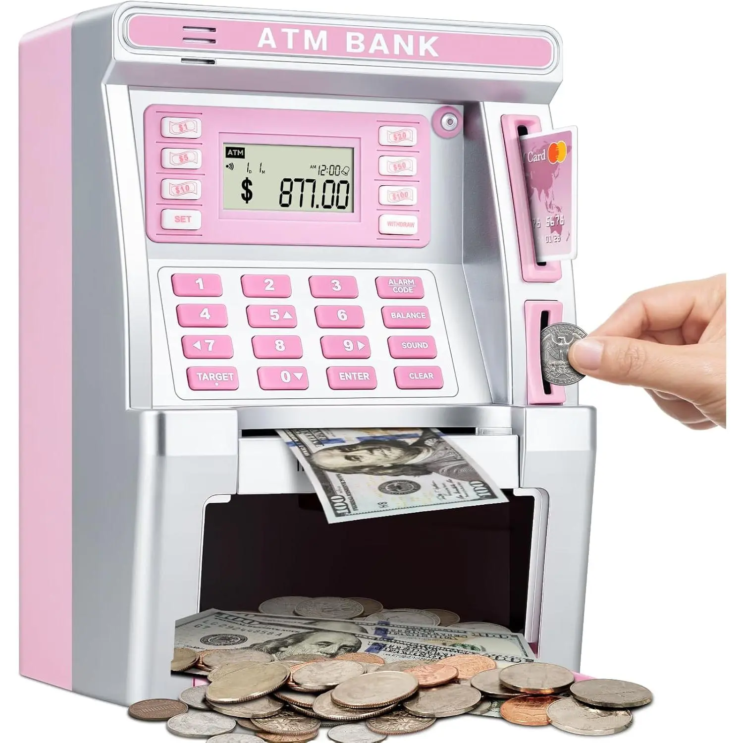 Pink Piggy Bank for Kids, ATM Machine Bank for Real Money with Debit Card, Bill Feeder, Coin Recognition, Calculator, Savings Safe Box, Gifts for Teen Boys and Girls