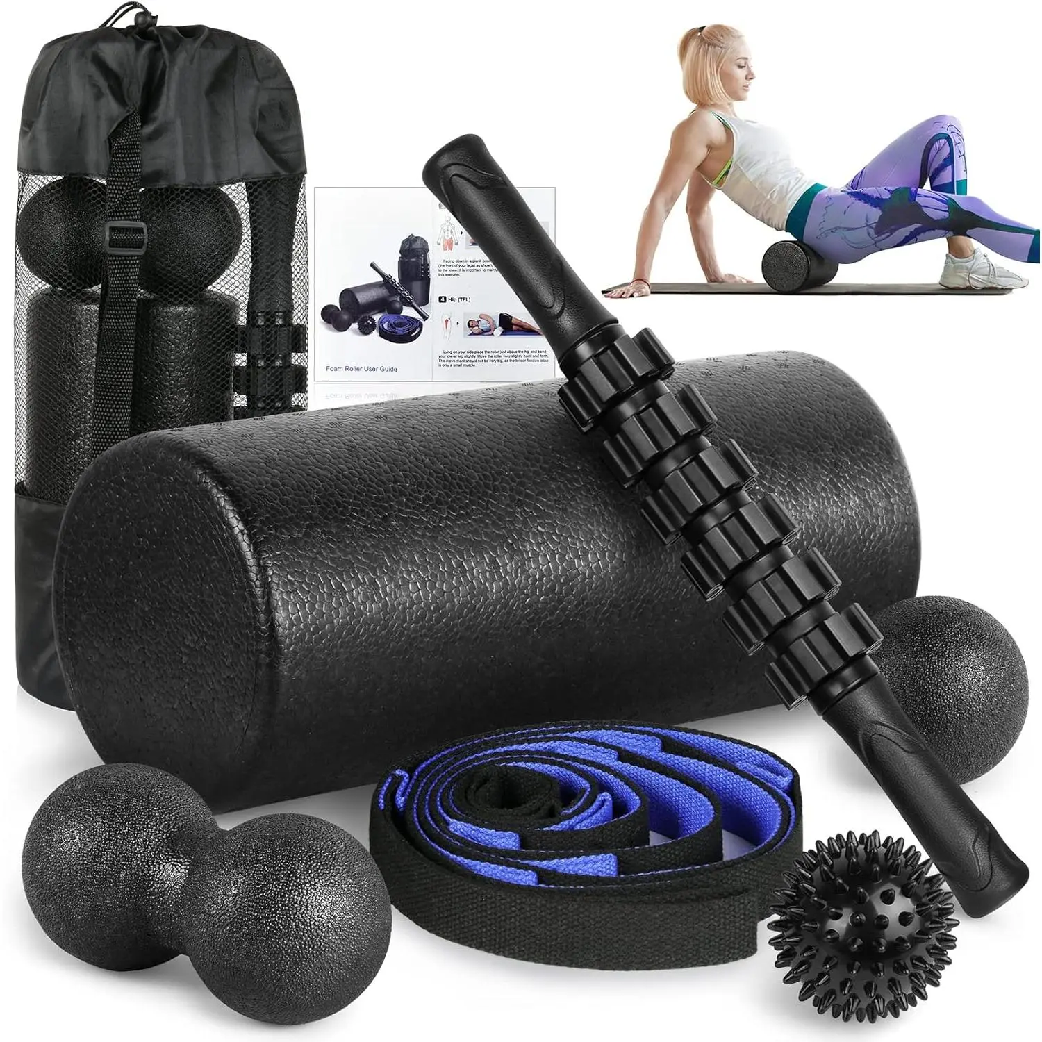 Unisex High-Density Foam Roller Set - Includes Balls, Muscle Roller Stick, 2-Foot Fascia Ball, Stretching Strap, for Physical Therapy, Back Pain Relief, Easy to Store, Control the Intensity