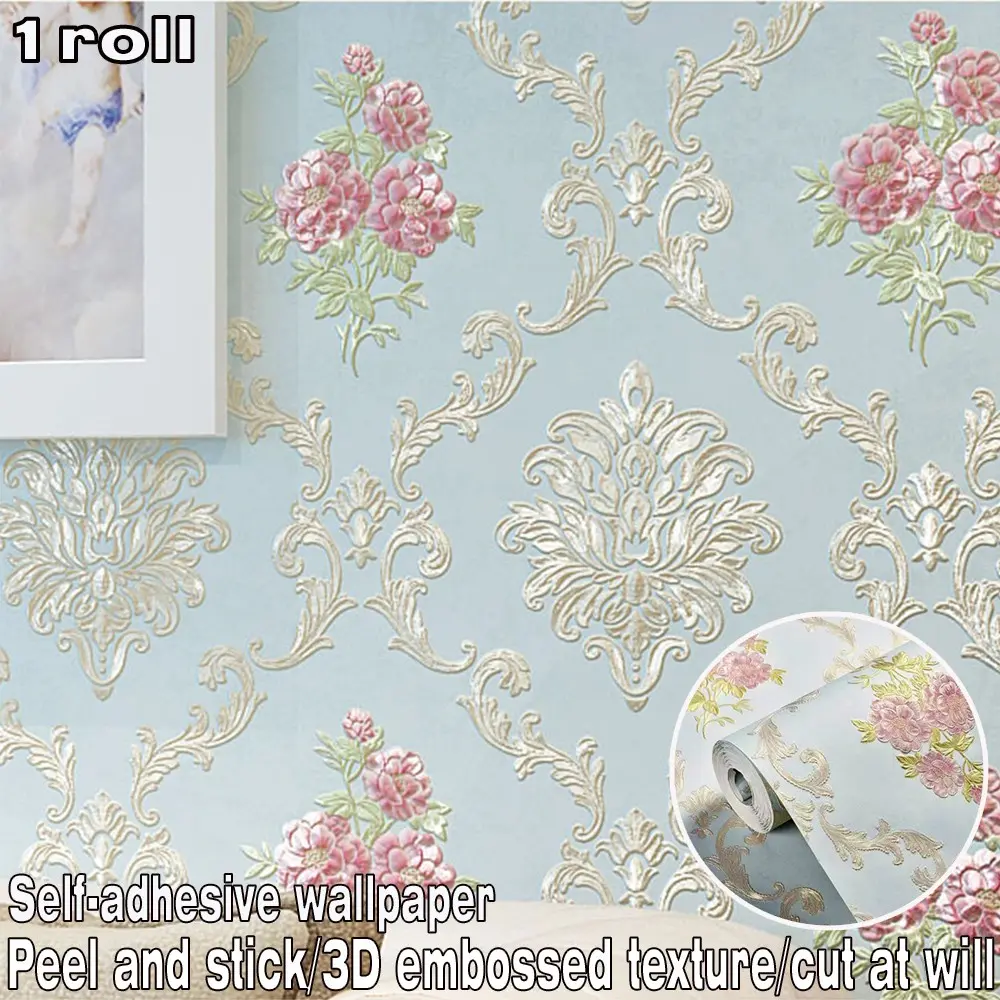 1 roll of European-style floral pattern self-adhesive wallpaper, featuring 3D embossed texture for feature walls. Easy to apply and trim, suitable for wall decoration in bedrooms, living rooms, dining areas and more.