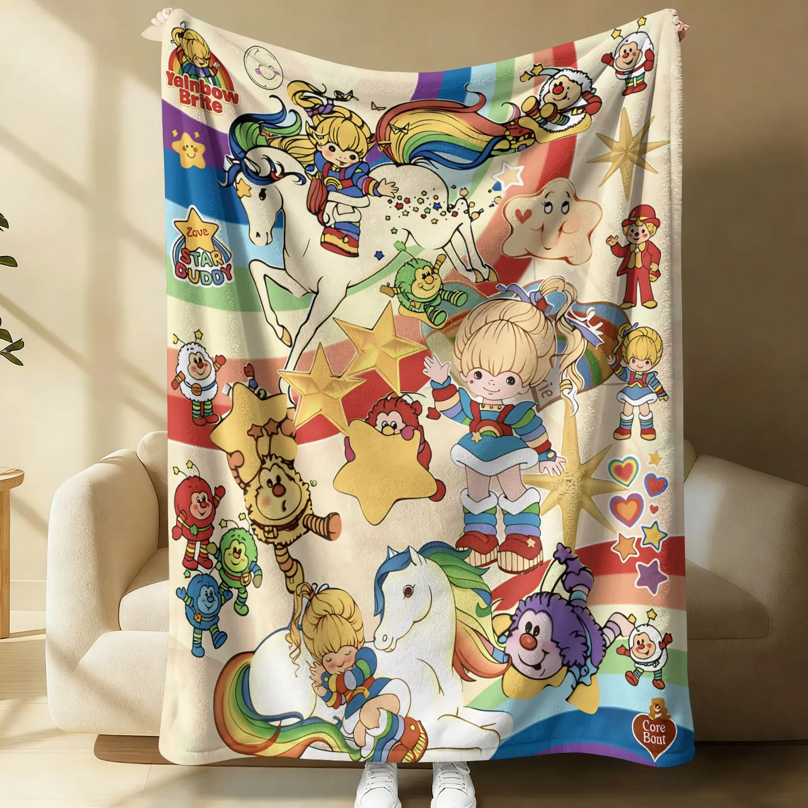 Vintage Rainbow Cartoon Flannel Throw Blanket, Soft Cozy Unicorn Star Print Nap Cover Blanket, Cute Elf Character Air Conditioner Blanket, Decorative Sofa Shawl Blanket, All Season Warm Lightweight Bed Blanket