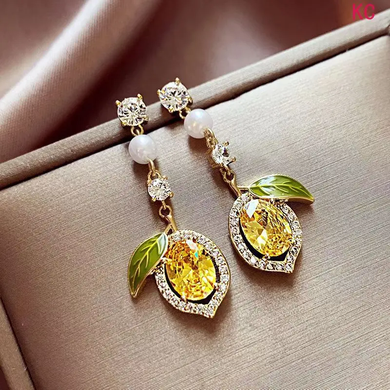 Lemon Rhinestone Stud Earrings, Niche Exquisite Elegant Ear Jewelry For Women Daily Fashion Matching