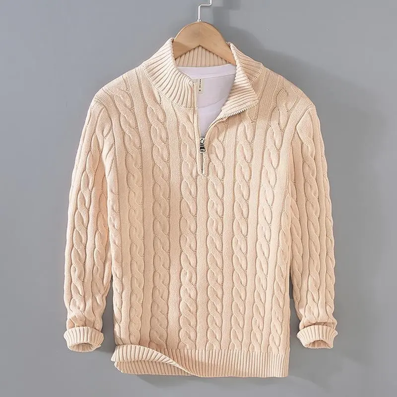 Fashion Trend Solid Color Autumn and Winter Semi-turtleneck Men's Sweater Zipper Loose Pullover Knitted Sweater Jacket