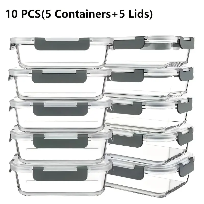 5 Piece Glass Kitchen Food Storage Containers with Lids Airtight Leakproof Borosilicate Glass Lunch Boxes Microwave Freezer Dishwasher Safe Stackable for Meal Prep & Leftovers
