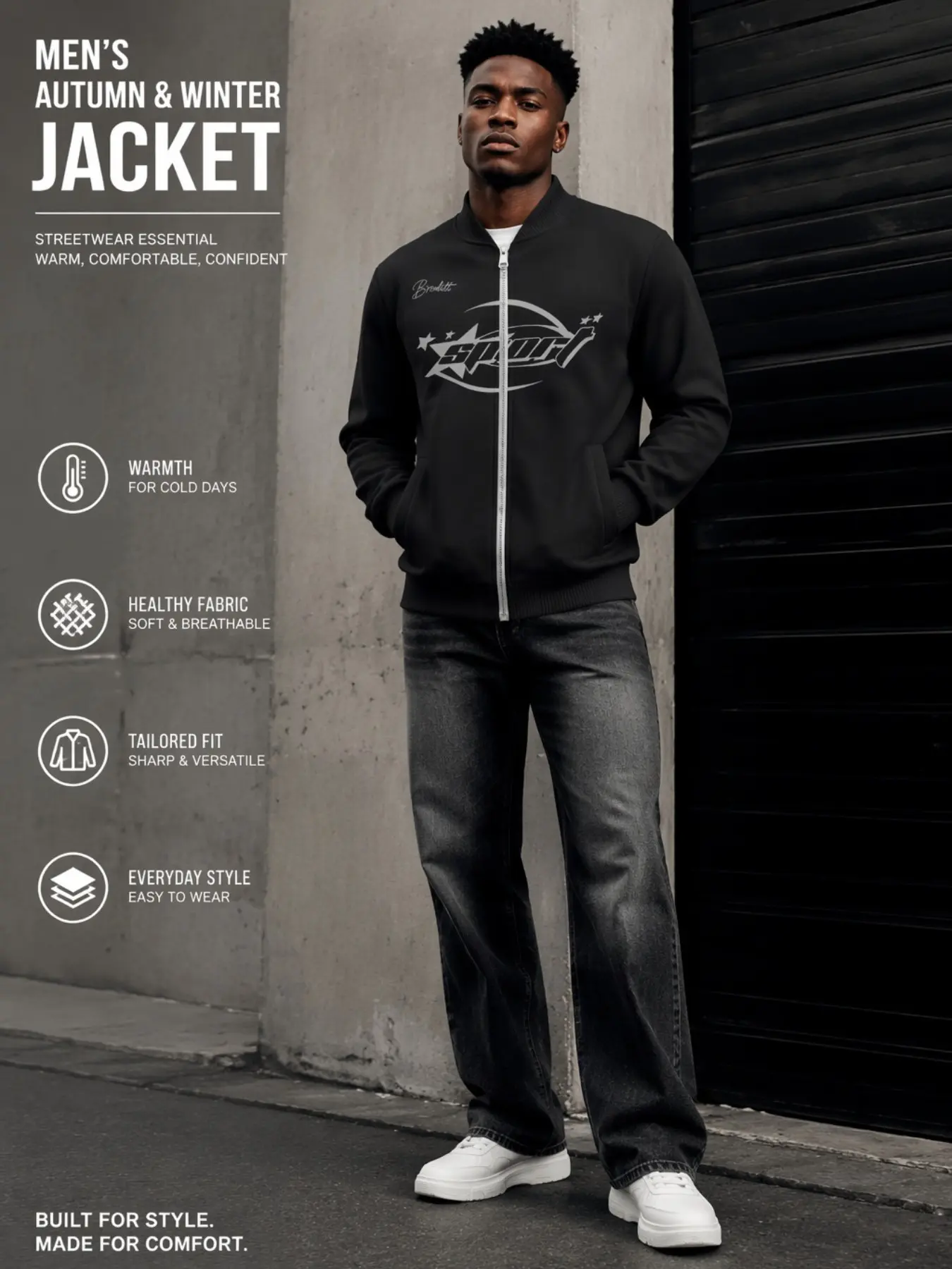 Men's Sport Full Zip Baseball Jacket, Retro Star Print, Windproof, Minimalist Streetwear, Fall & Winter Outerwear