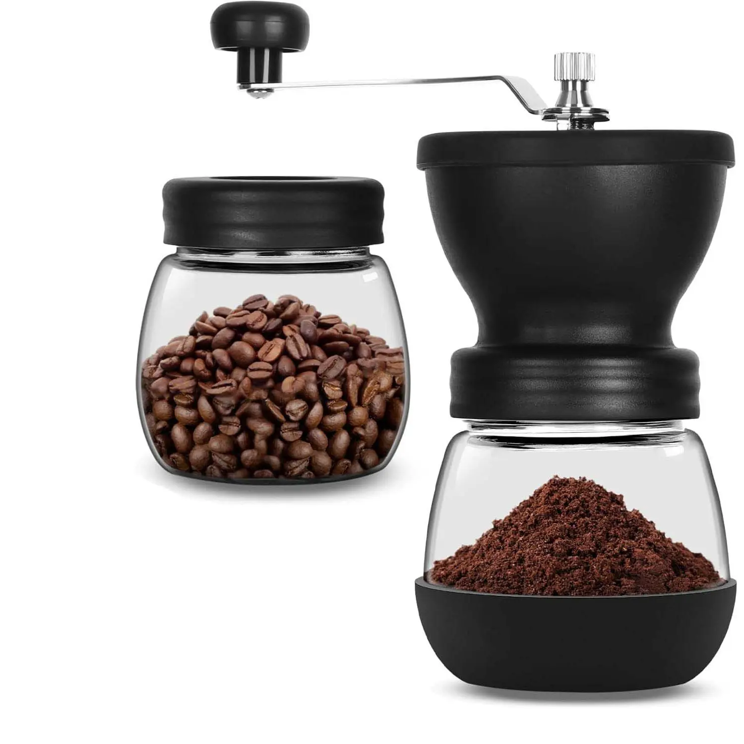 Manual Coffee Grinder with Ceramic Burrs and Lengthen Stainless Steel Handle, Hand Coffee Mill with 2 Glass Jars(11oz each), Coffee Bean Grinder for Home, Camping, Black