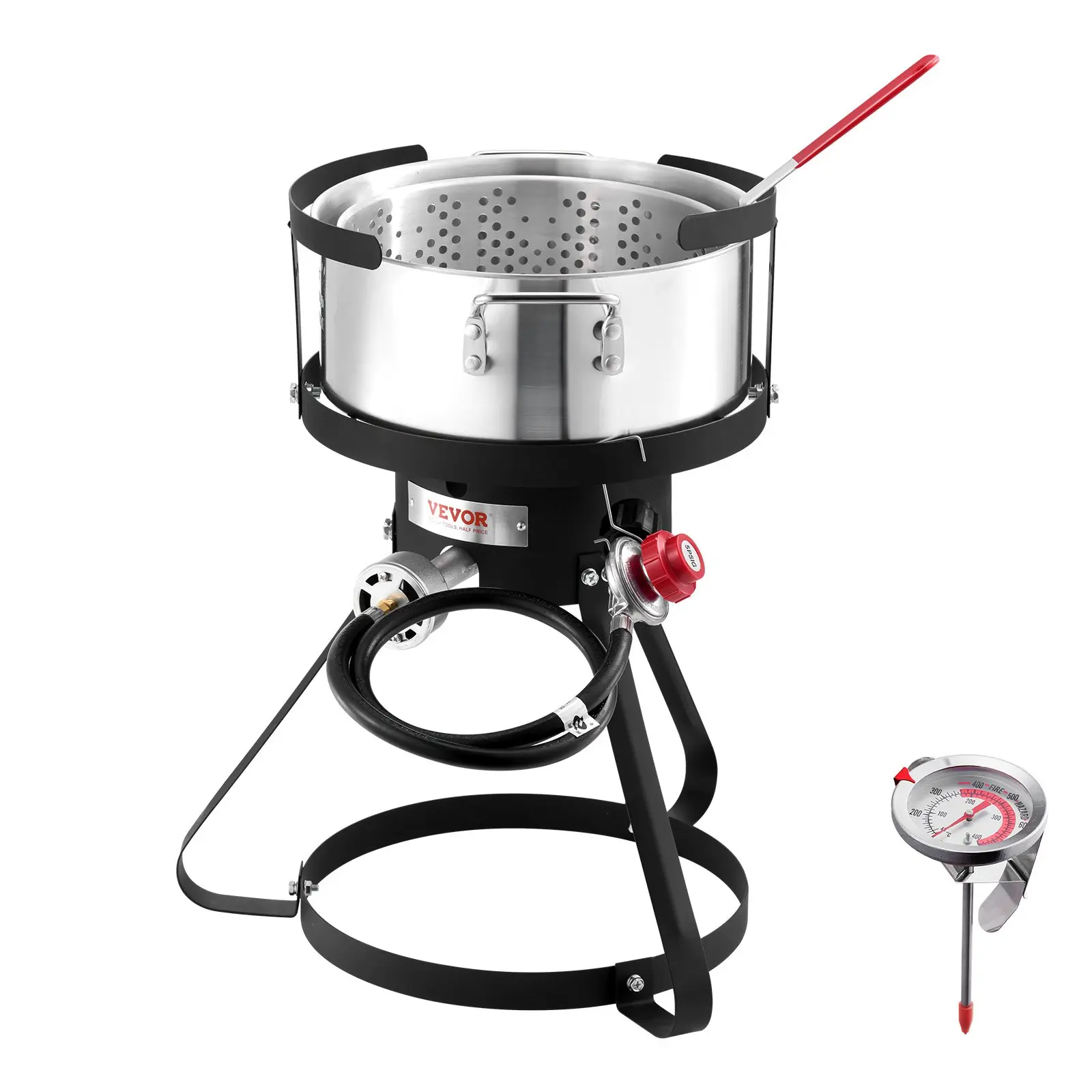 VEVOR 10 Qt Fish and Wing Fryer, Aluminum Propane Fish Fryer Kit, Outdoor Deep Fryer Seafood Pot with Thermometer, Strainer Basket, and 54,000 BTUs Propane Burners, for Outdoor and Backyard Cooking