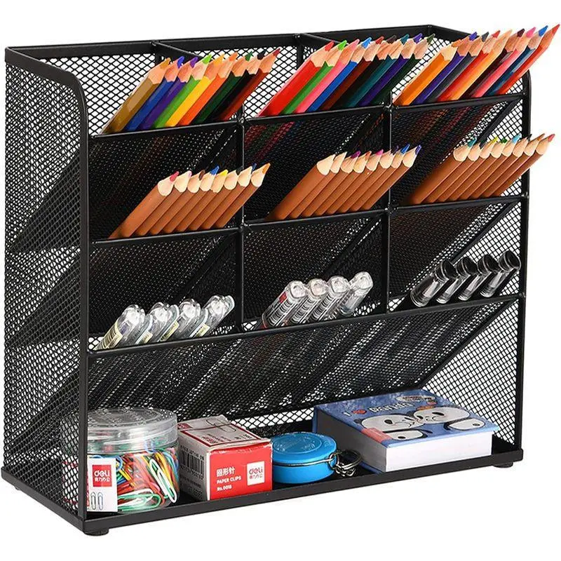 Metal Mesh Desk Organizer with 9 Compartments and Rack, Multifunctional Pen Holder and Desktop Stationery Caddy for School Home Office Art Supplies