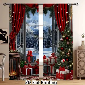 2-Piece Christmas Theme Curtains, 2D Print, Santa Claus & Fireplace Design, Living Room & Bedroom Decor, Rod Pocket Style