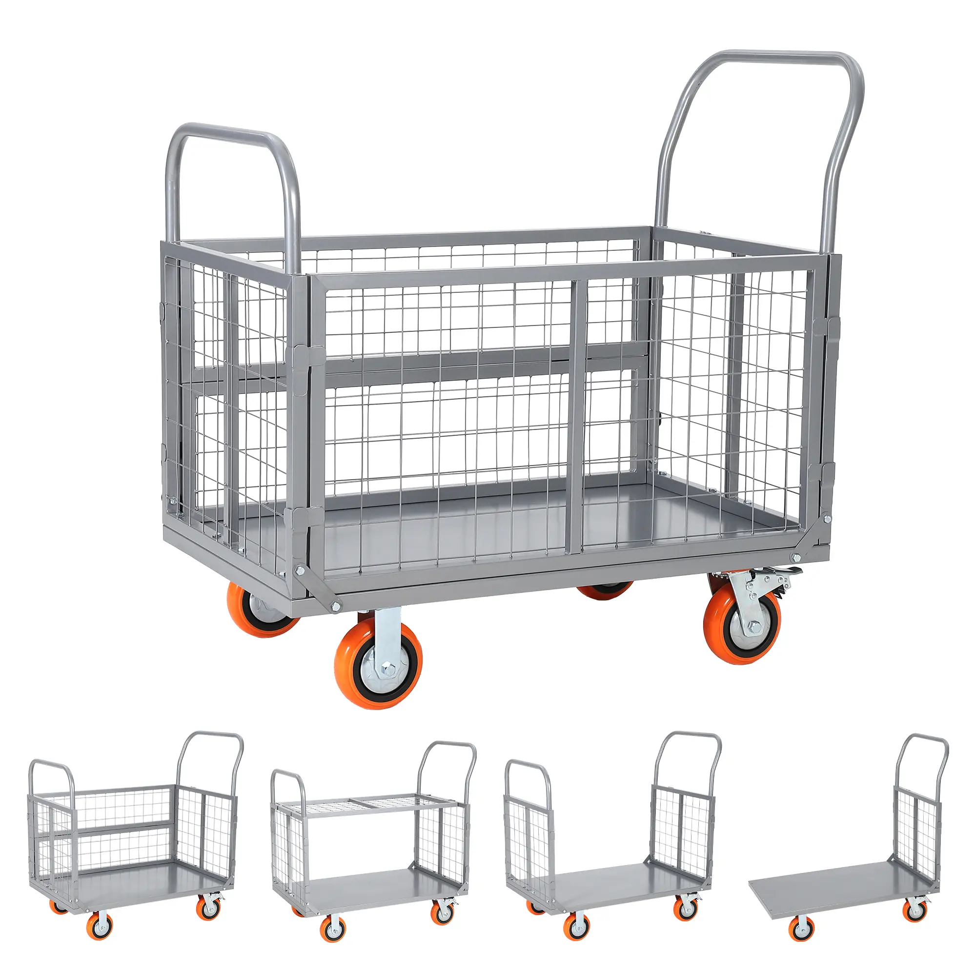 1800 Lbs Platform Truck Cart with Cage - Heavy Duty 6-in-1 Foldable Flatbed Hand Truck Dolly with 360° Wheels, Multi-Functional Push Cart for Warehouse, Grocery & Moving, Silver