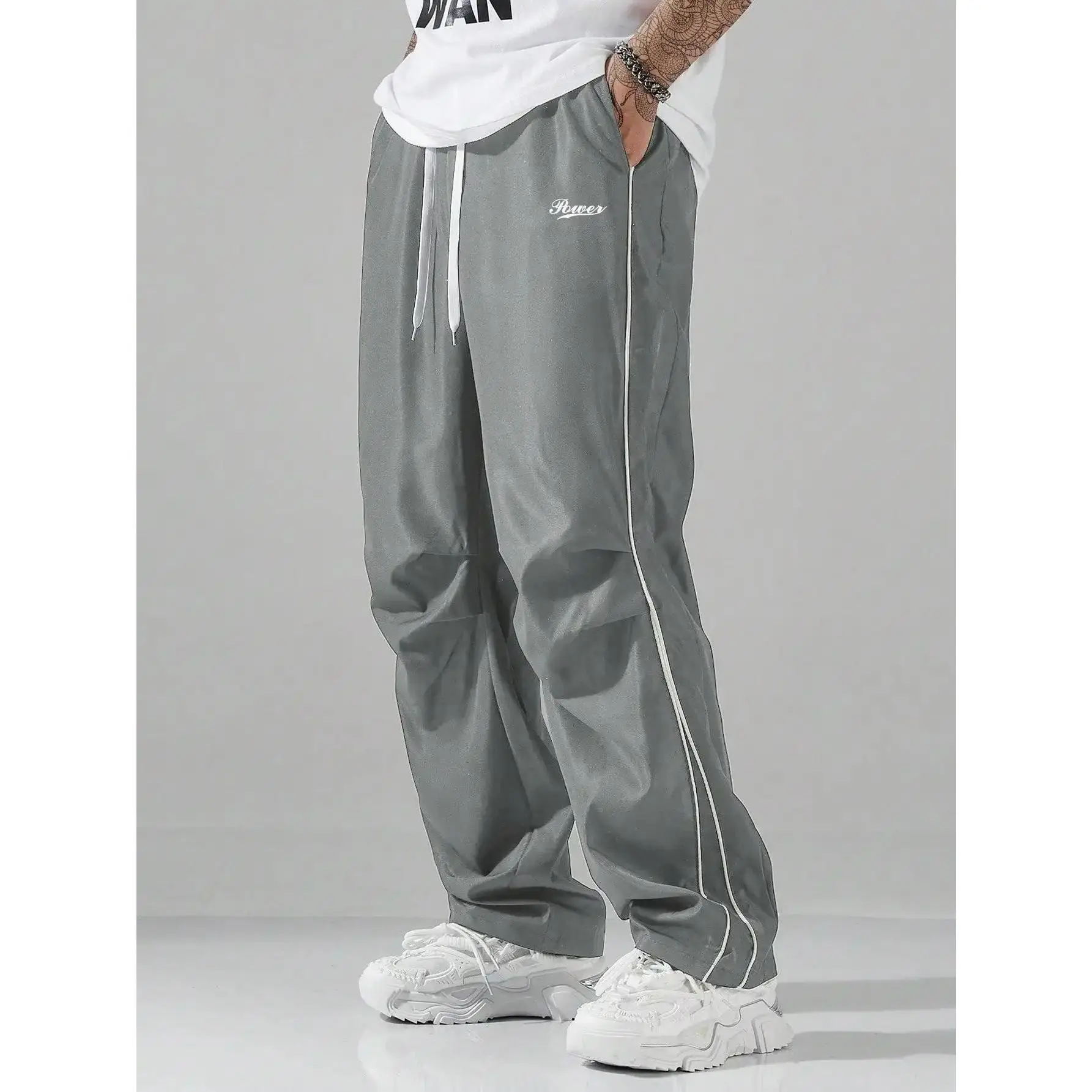 Men's Straight-Leg Polyester Long Pants - Casual Track Pants with Side Stripes and an Elastic Waist for Outdoor Wear, Male, Full Length