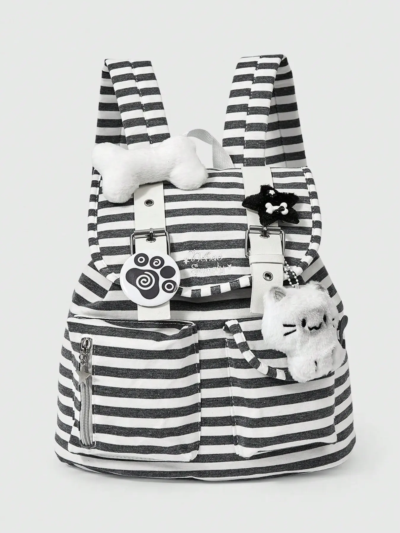 Punk Campus Style Striped Cat Paw Print Commuter Backpack, Multi-Pocket Fashion Shoulder Bag, Unisex Bookbag for Commute and School
