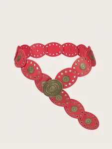 Women's Boho Vintage Western Style Wide Belt, Western Concho Belts, Copper Color Rivet Decoration, Oval Carving Buckle, Perfect for Dresses, Parties, Gifts, Rivet Decorated Belt, Statement Belts