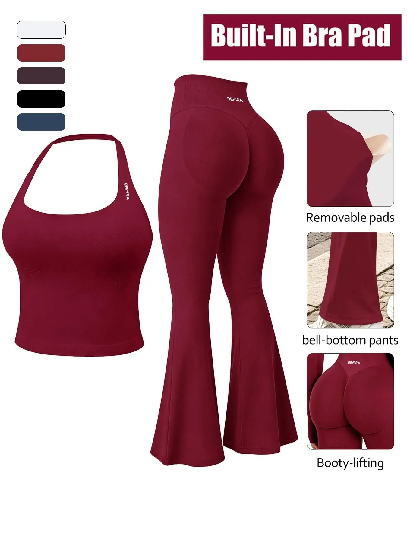 Women's Seamless Knit Sports Set with Removable Pads, Activewear Set, Halter Neck Tank Top & High Stretch Butt Lifting Flare-Leg Pants. 2-Piece Outfit, Breathable & Sweat-Wicking, Perfect For Workout, Running & Fitness, Seamless Gym Set
