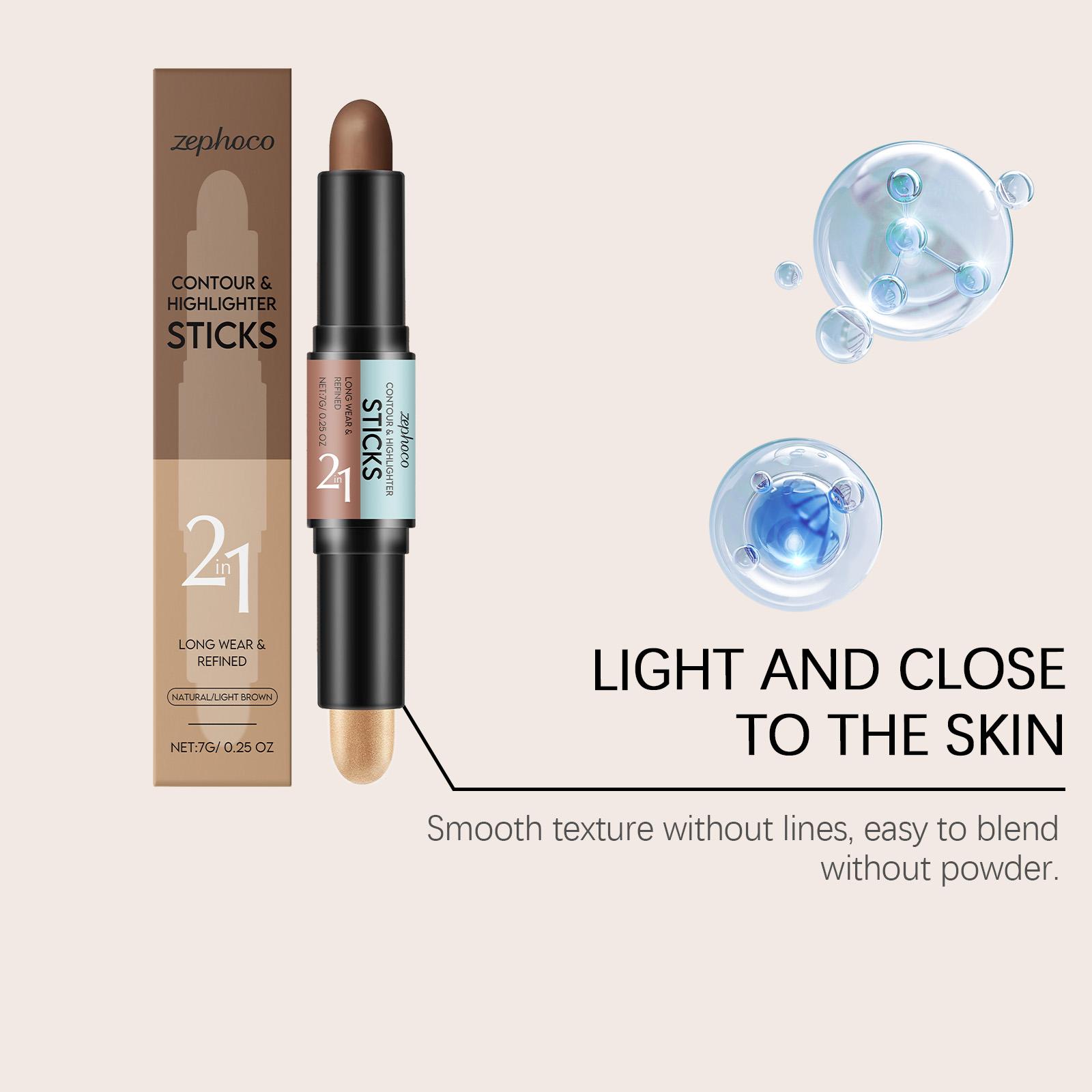 zephoco Natural Color + Light Brown 2-in-1 Contour and Highlight Stick Convenient Dual-Head Design Contour Highlight Stick