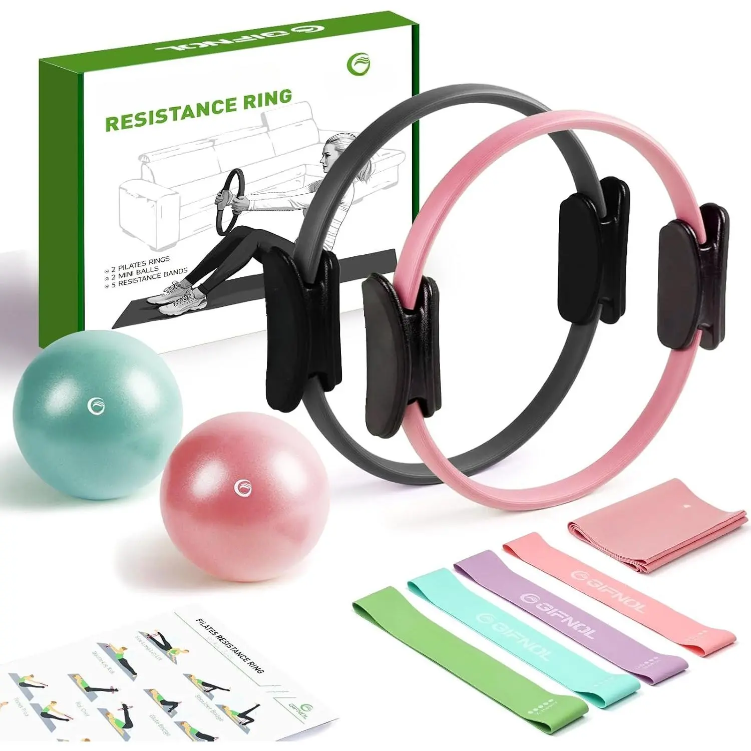 Pilates Ring and Ball Set with Resistance Bands - Pilates Equipment for  Workout - 14'' & 12'' Pilates Rings, 2 Pilates Balls, 5 Resistance Bands for Toning Arms, / & Core