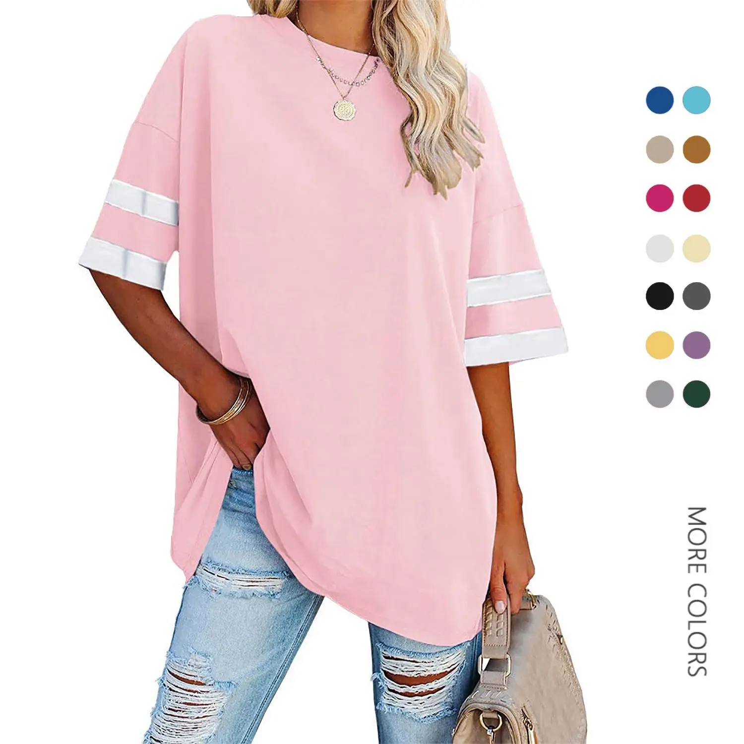 Danedvi Women's Comfy Soft Cotton Solid Tshirt Top - Loose Baggy Half-Sleeve Round Neck Color Block Streetwear Summer Tunic, Gifts for Women, Casual, Block-Style Women's T-Shirts