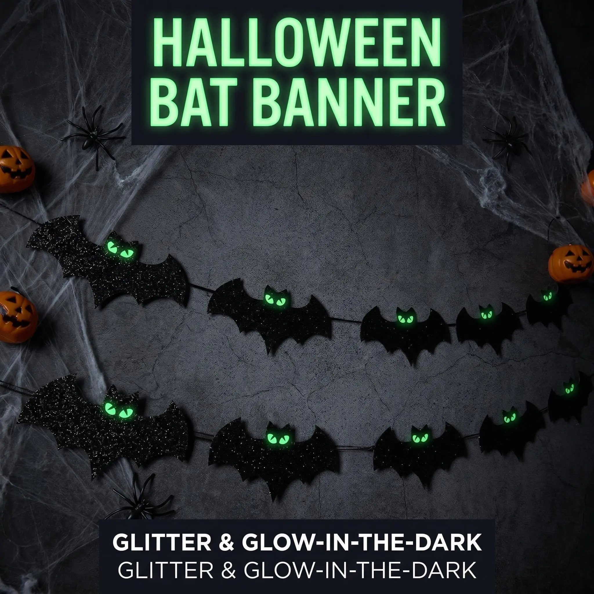 10PCS Glow in the Dark Glitter Black Bat Garland Banner | 2 in 1 Halloween Wall Stickers Set | Spooky Hanging Bat Decoration | Glow in Dark Halloween Party Supplies | 3D Bat Wall Decals Garland | Spooky Indoor Home Party Decor