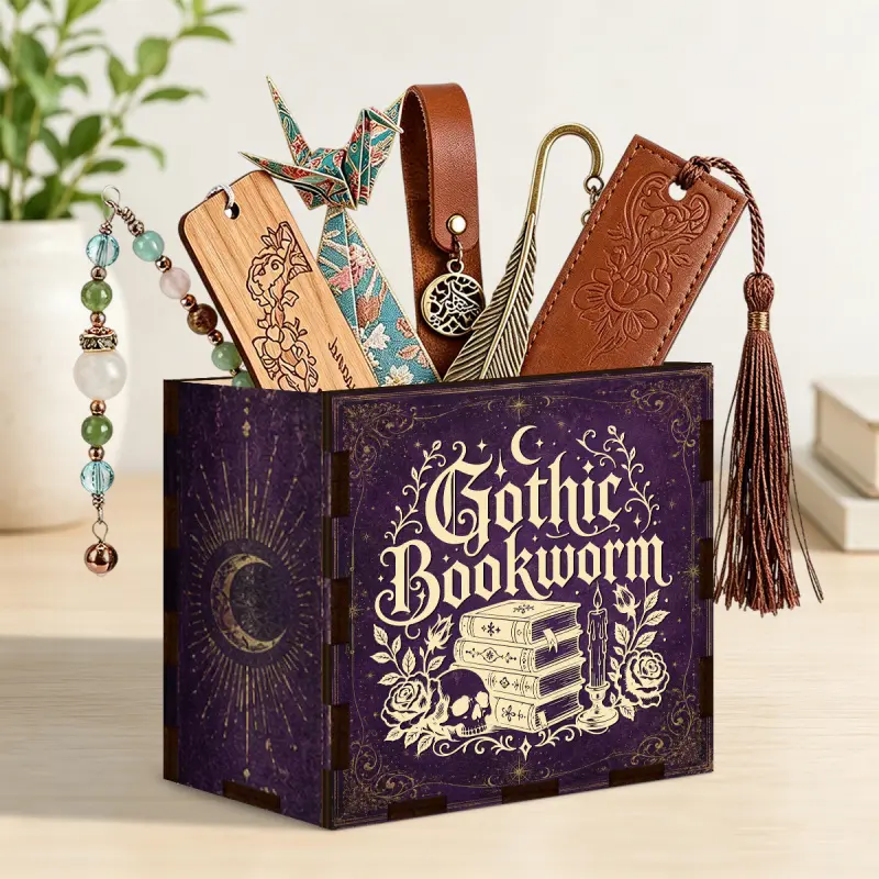 1pc Wooden Bookmark Storage Box, Gothic Bookworm Skull Rose Design with Vintage Book Leather, Purple Wizard Style Organizer, Pen And Bookmark Tidy, Dark Academic Reading Nook Decor, Gift for Gothic Book Lovers, Bookish Desktop Organizer, Bookmark Holder