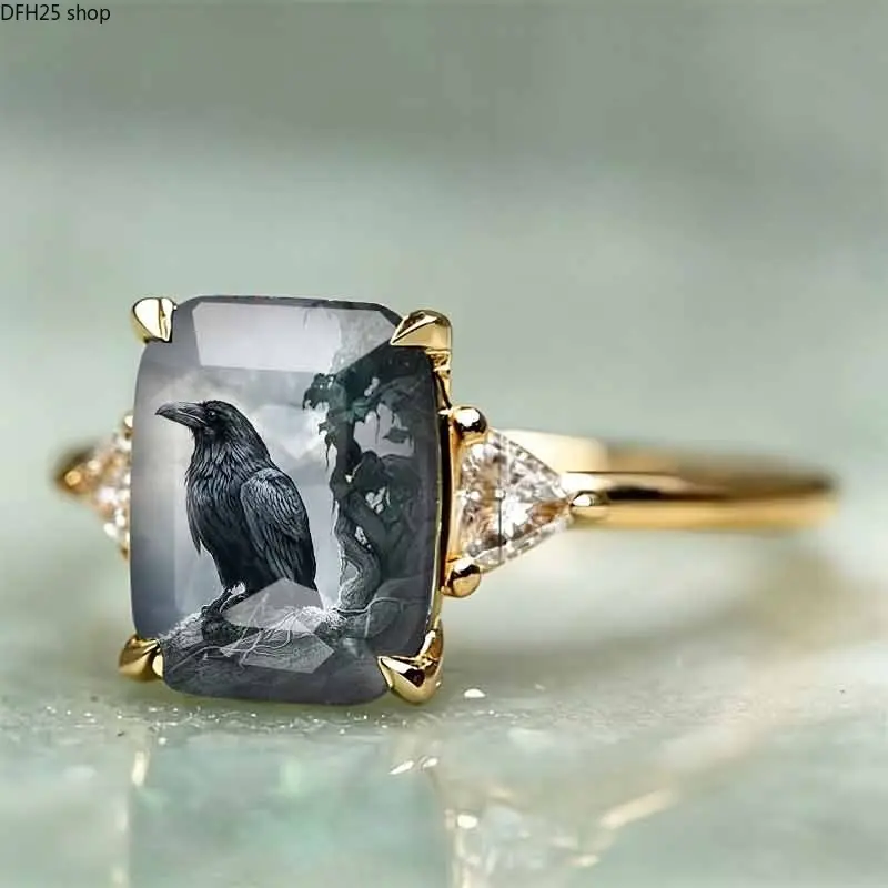 Vintage Raven Open Ring For Women Gold Tone Alloy Band With Gothic Bird Artwork Square Stone Design Adjustable Statement Jewelry For Daily Wear
