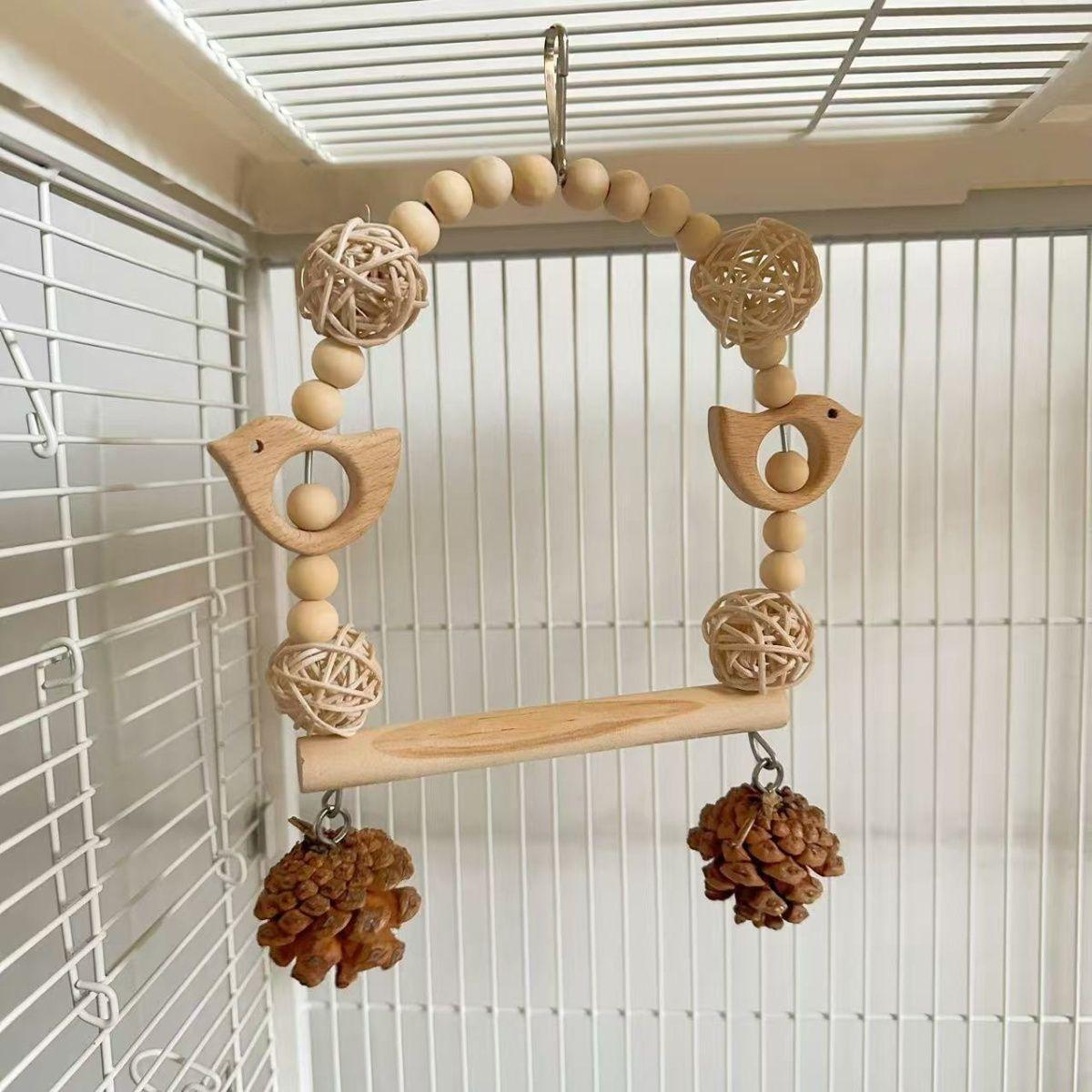 Pine Cone & Vine Ball Parrot Toy, Bird Cage Chewing Teething Items for Small Medium Parrots, Climbing Educational Swing for Budgie Cockatiel Lovebird, Relieve Boredom Stress Relief