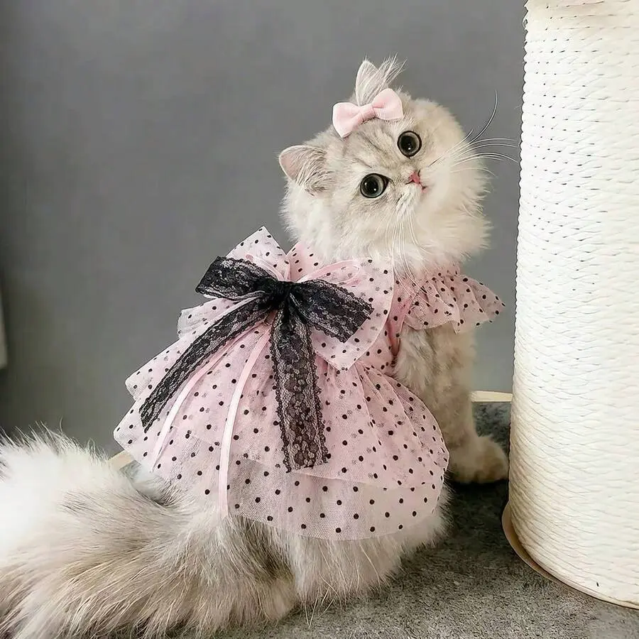 Dog Polka Dot Lace Dress Pet Clothing Princess Dress Kitten Dress Summer Thin Puffy Tulle Skirt