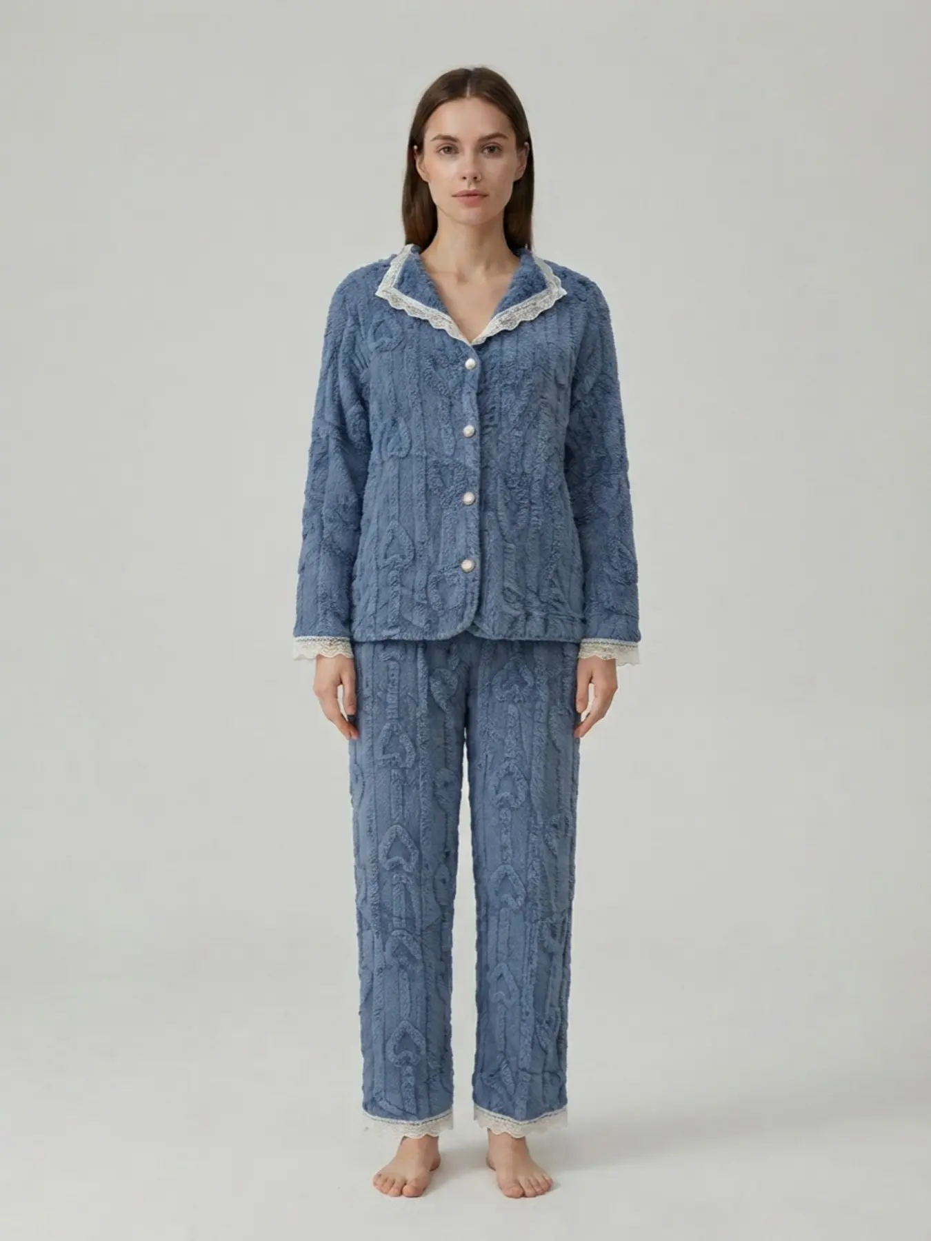 Women's Fall Winter French Style Heart Pattern Coral Fleece Pajama Set, V Neck Pearl Button Cardigan + Straight Leg Pants, Thick Warm Home Wear