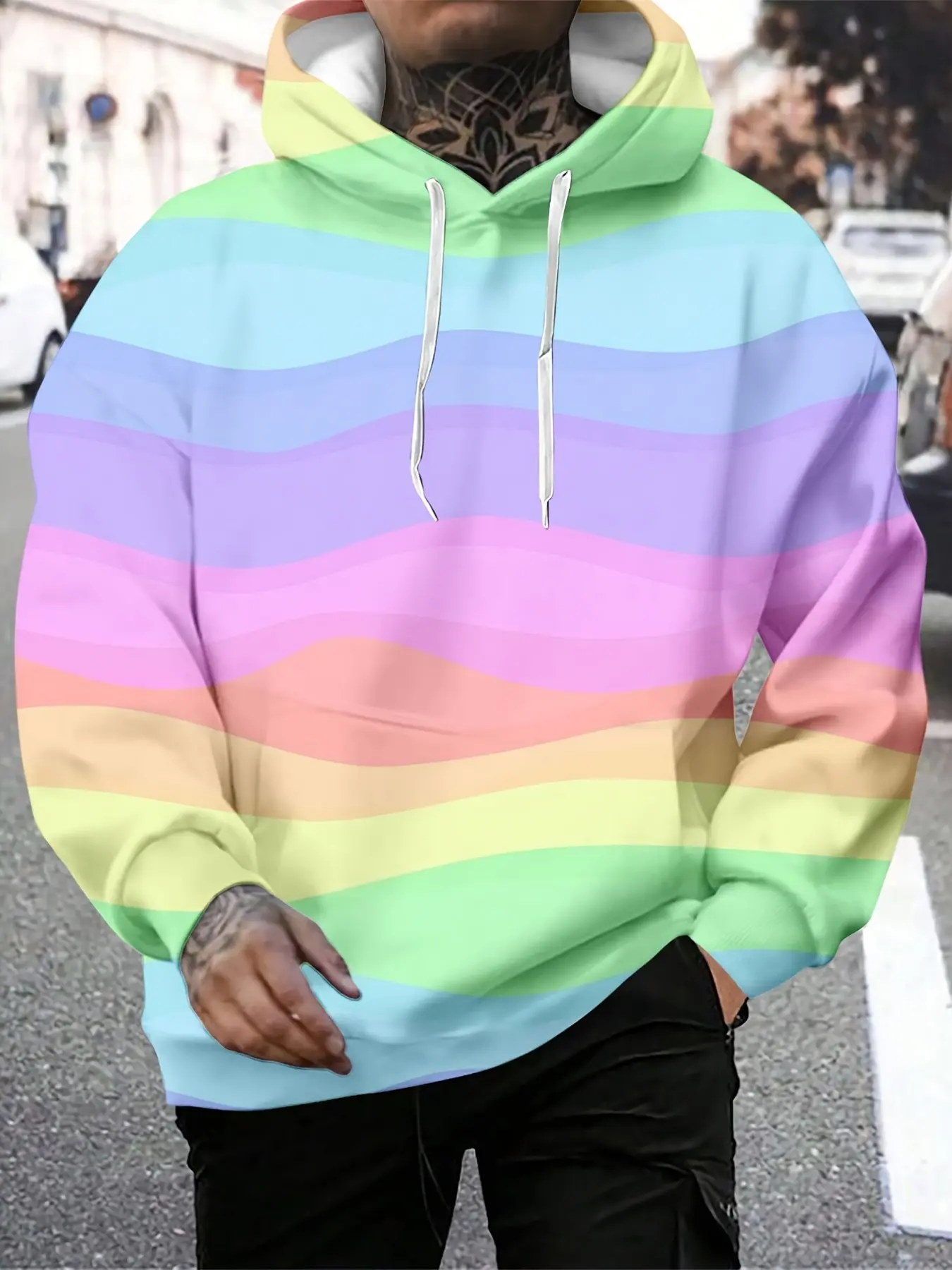 Rainbow Stripe Hooded Sweatshirt, Unisex Casual Long Sleeve Pullover, Loose Fit H-Type Design, Gradient Print Fashion Top