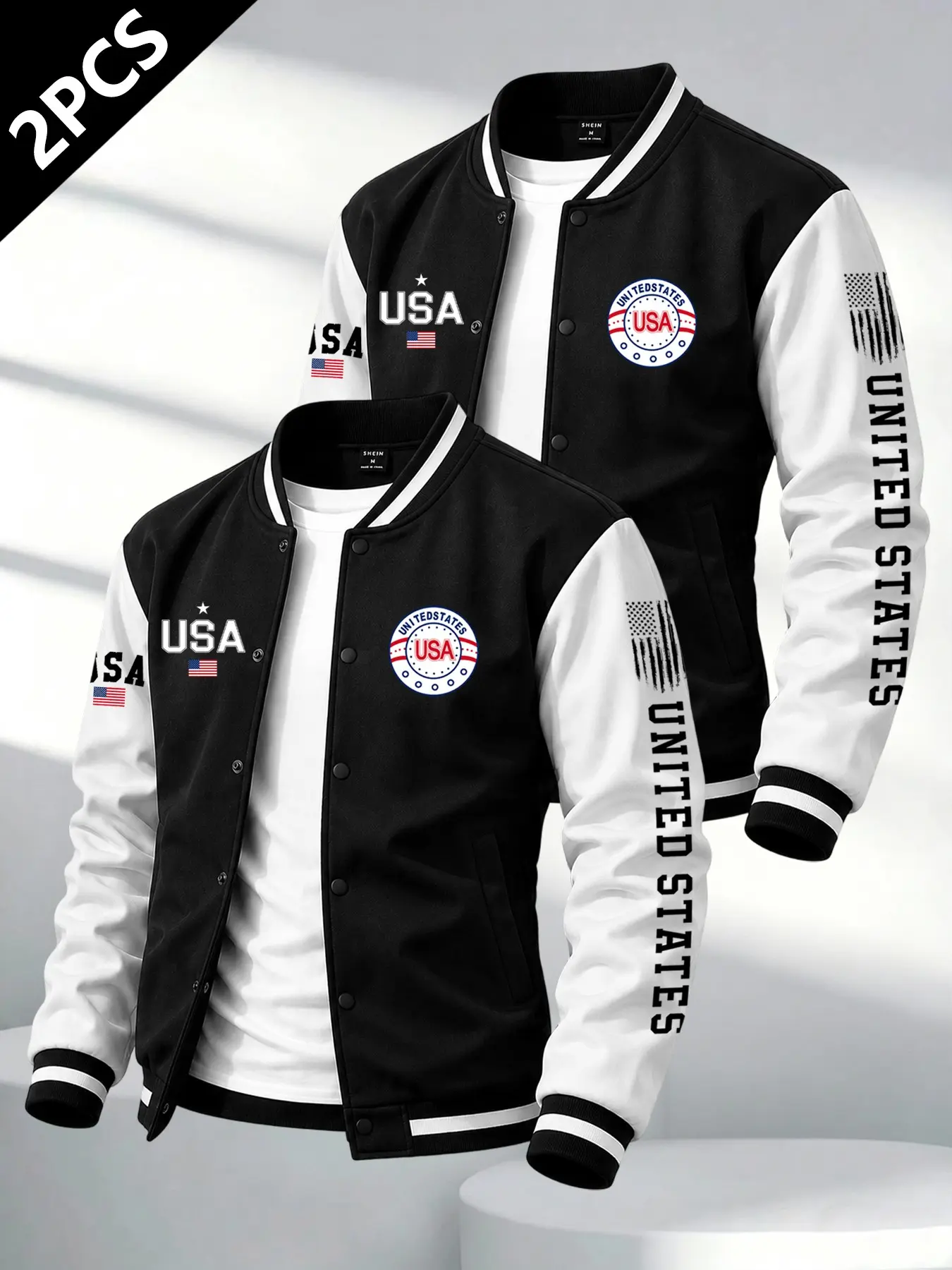 2-Pack Men's Fall Winter Patchwork Baseball Jacket, Vintage Star Flag Shoulder Design, Casual Unlined Outerwear
