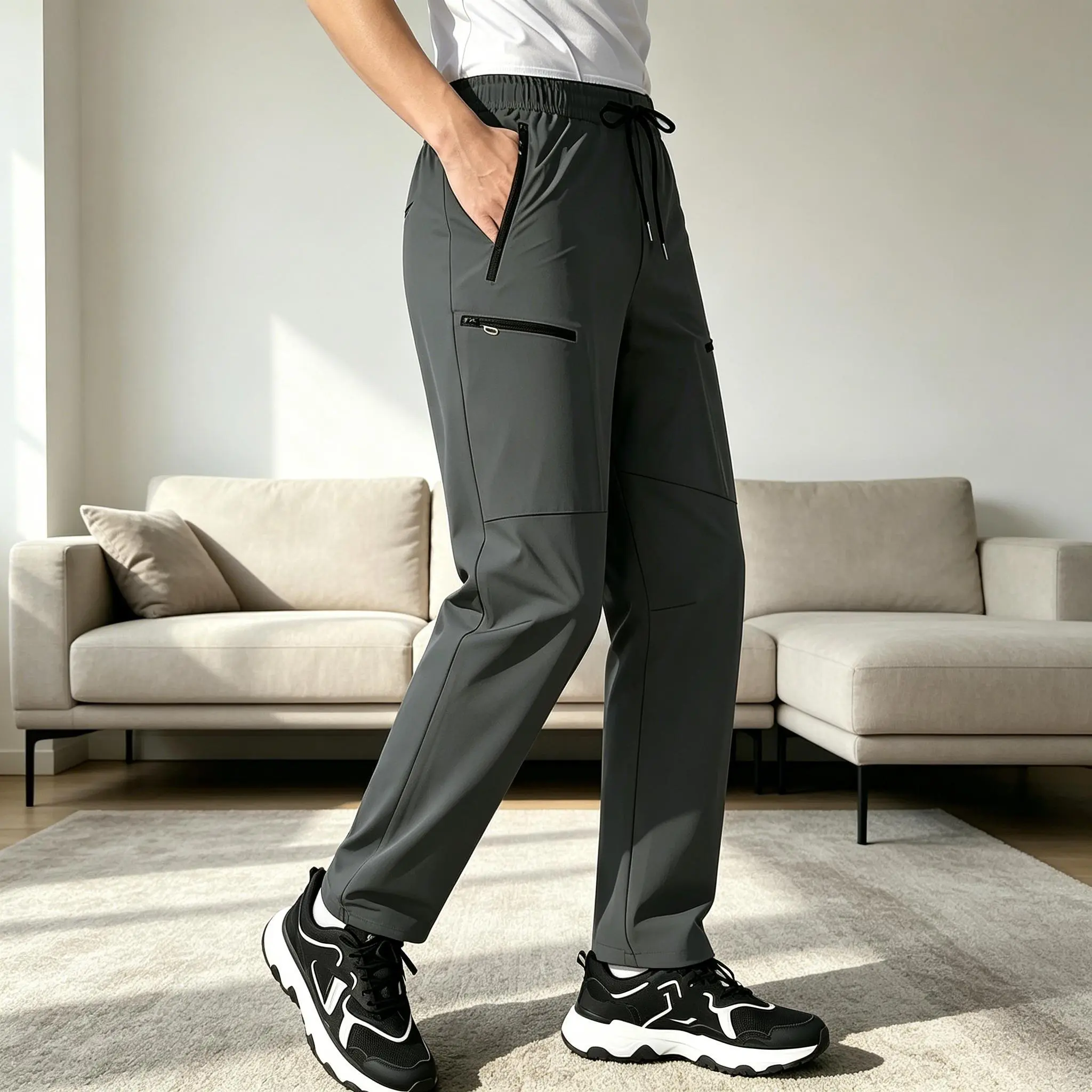 Men's Loose Straight Leg Casual Outdoor Hiking Pants, Lightweight Breathable Quick Dry Stretch Trousers with Elastic Drawstring Waist & Multi Zipper Utility Pockets, Comfort Athletic Travel Walking Pants for Daily Commute Camping Mountain Trips